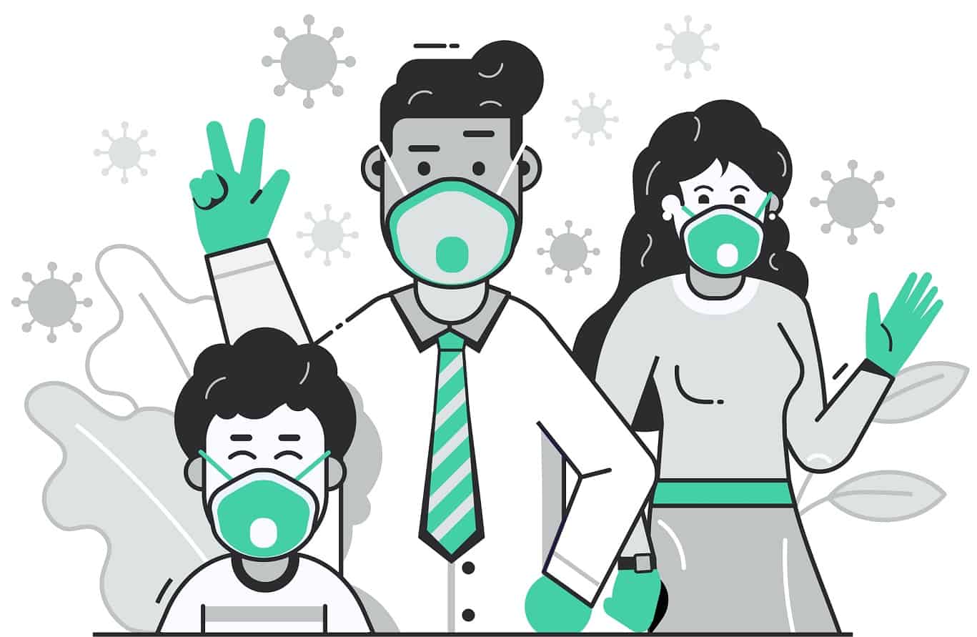 Family virus protection measures concept with man, woman and child wear face masks and gloves protecting from viruses and microbes. Respirator use illustration for prevention epidemic aerobic spread.