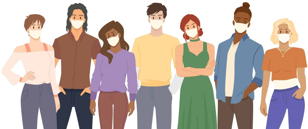 People in protective medical face masks. Men and women of different nationalities. Flat vector illustration.